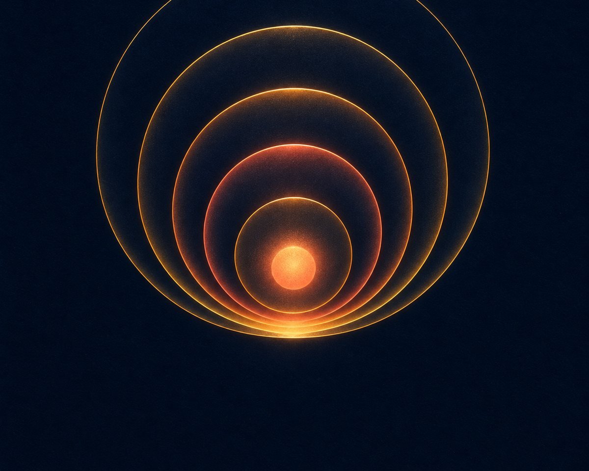 Abstract artwork of concentric golden rings around a glowing core — layers of defense protecting an AI system