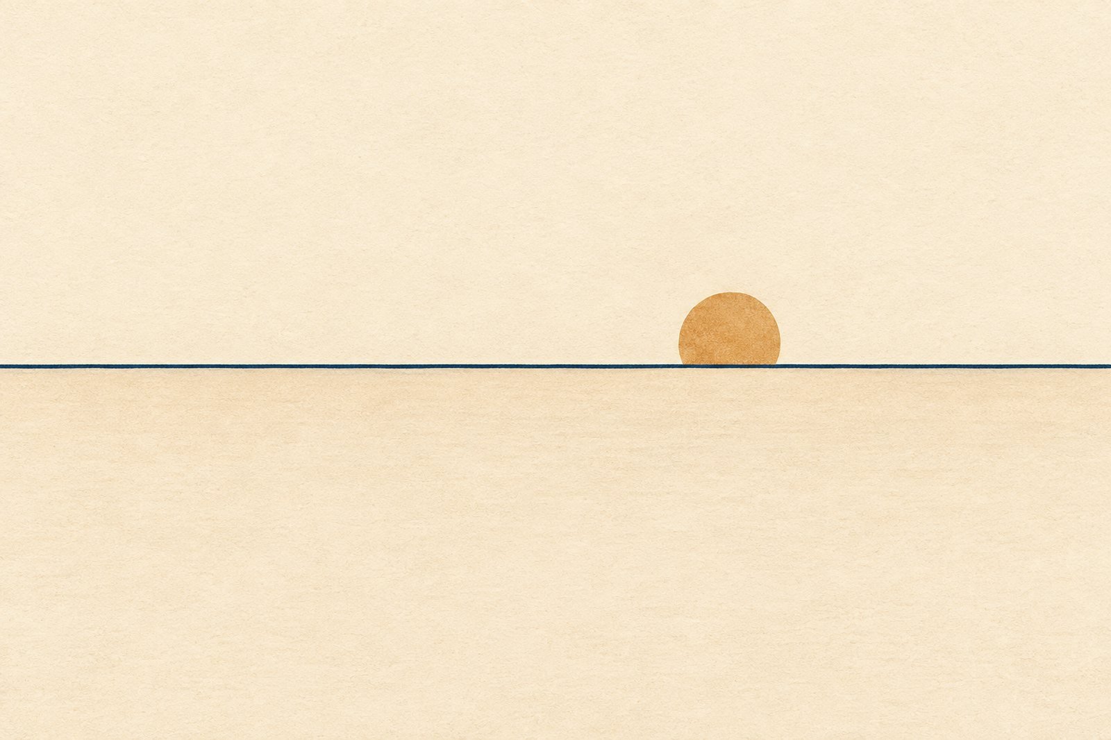 A minimal dawn horizon — a thin navy line dividing warm cream fields, a single amber sun rising